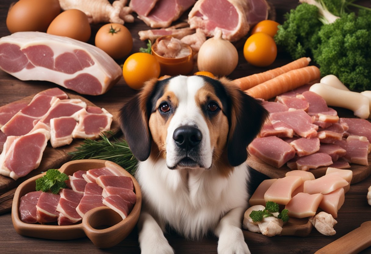 A dog surrounded by prohibited meats like chicken bones and raw pork