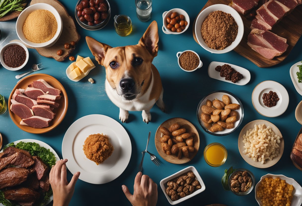 A dog looking up at a table with various types of meat, while a hand pushes away a plate of toxic foods