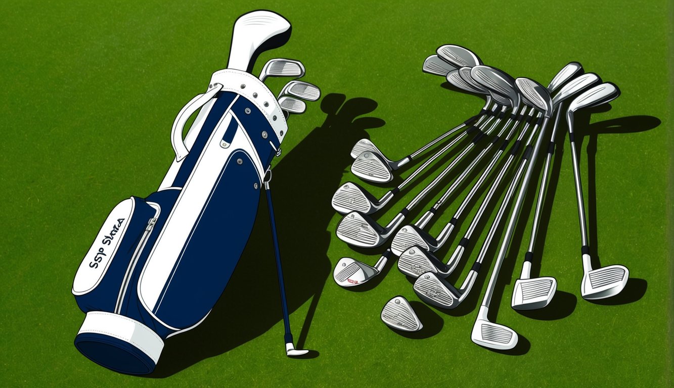 Sepp Straka's golf bag with a set of clubs arranged neatly on the grass