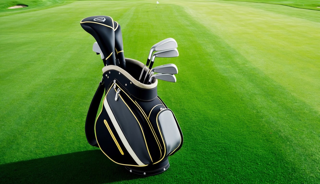 A golf bag with irons and wedges arranged neatly on a lush green fairway