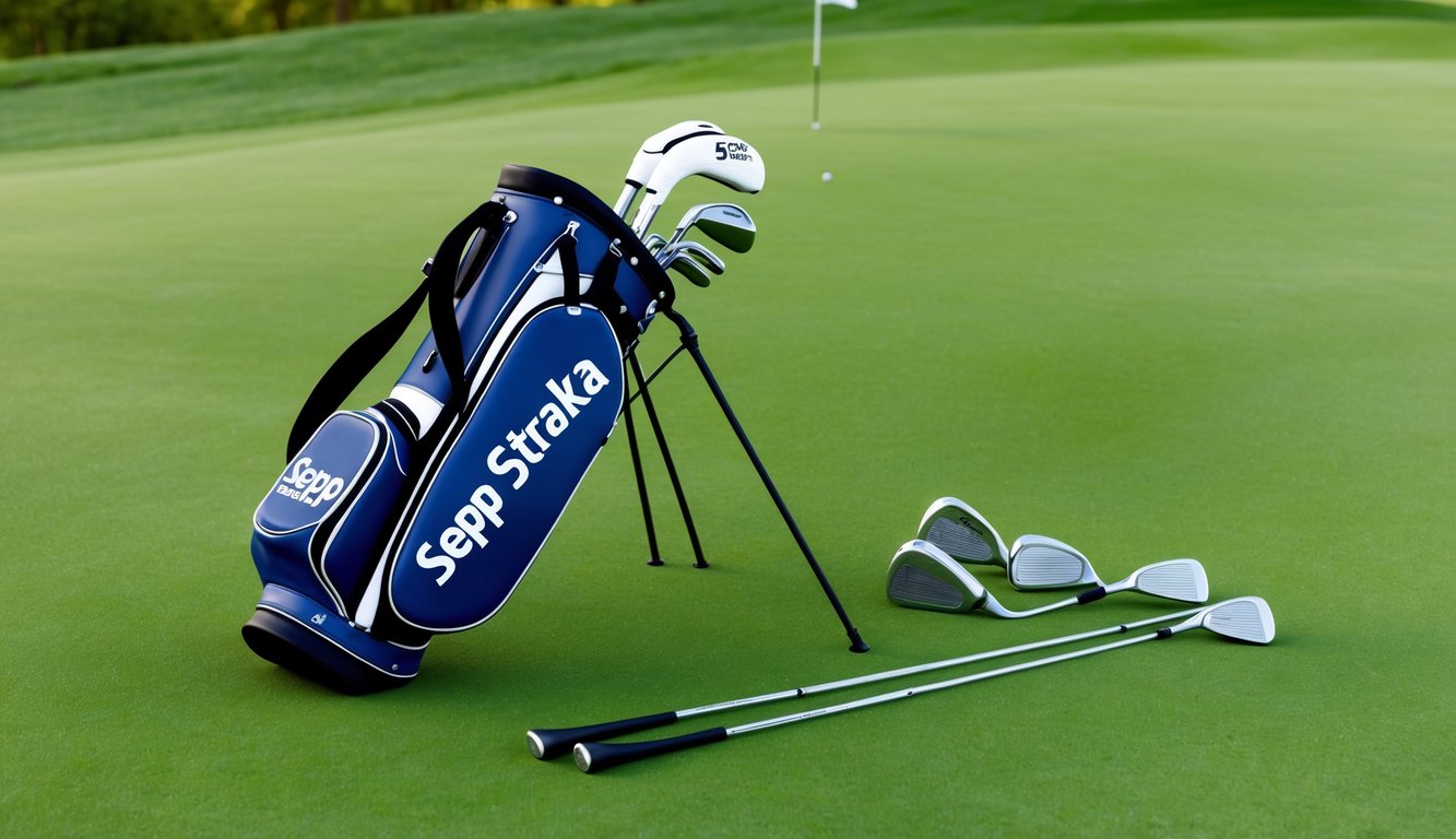 Sepp Straka's golf bag with utility clubs and alternates arranged neatly on the green grass of a golf course