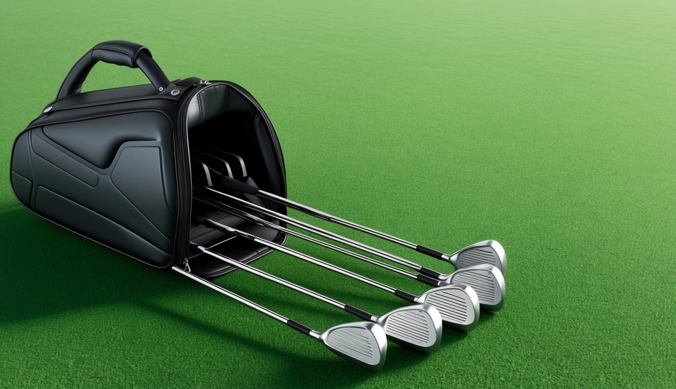 A golf bag stands open, revealing a set of sleek, high-quality clubs arranged in perfect order on a pristine green