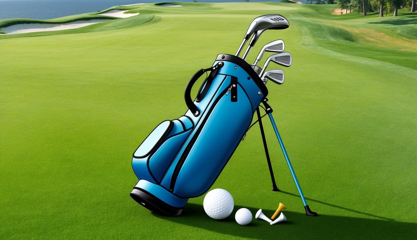 A golf bag with assorted clubs, tees, and a golf ball on a pristine green fairway