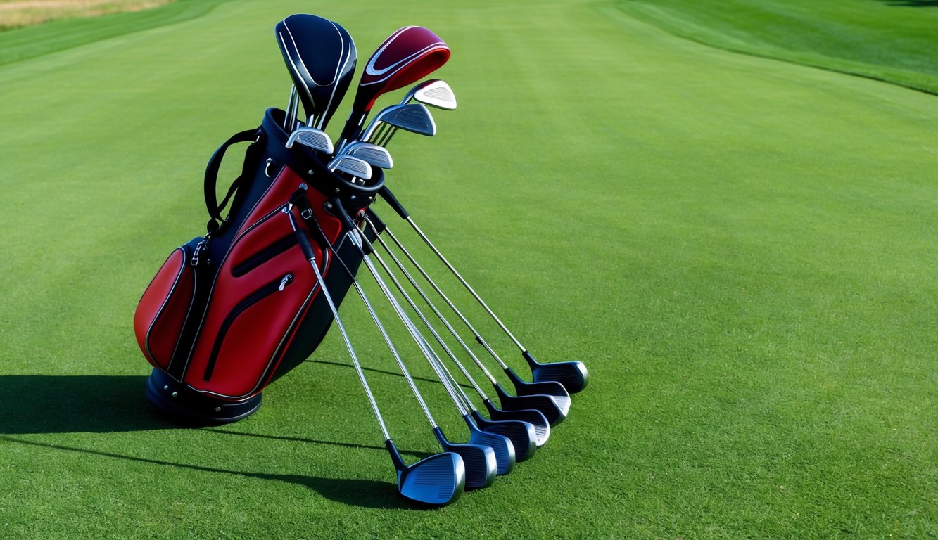 A golf bag with various clubs arranged neatly on a lush green fairway