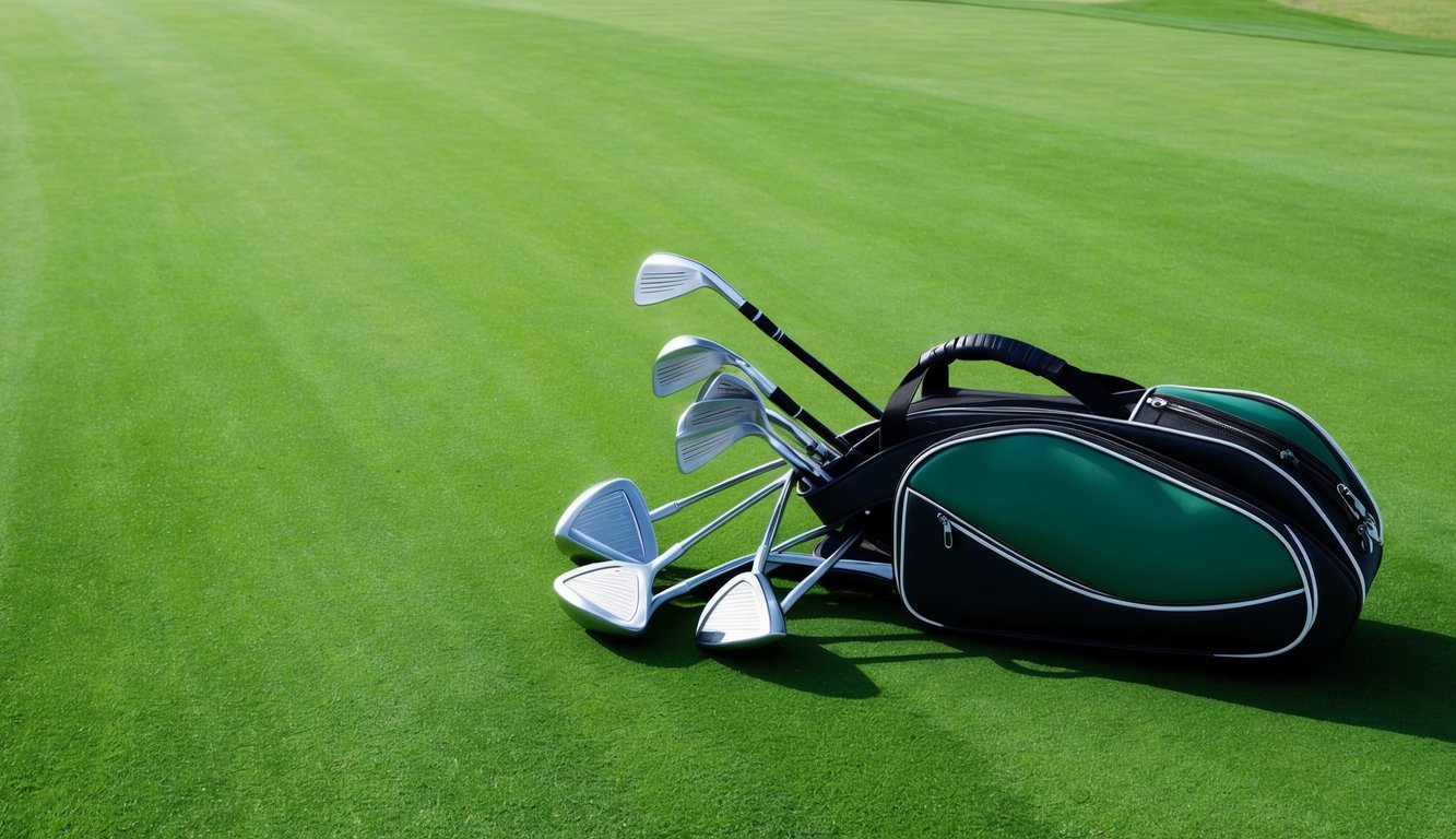 A golf bag with various clubs laid out on a pristine green fairway