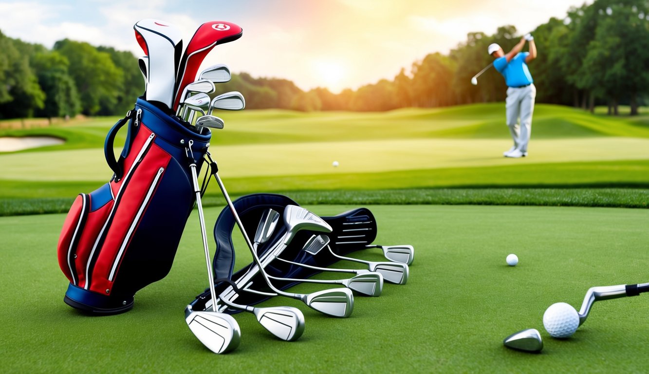 A golf bag with various clubs laid out on a lush green fairway, with a golfer in the background swinging a club