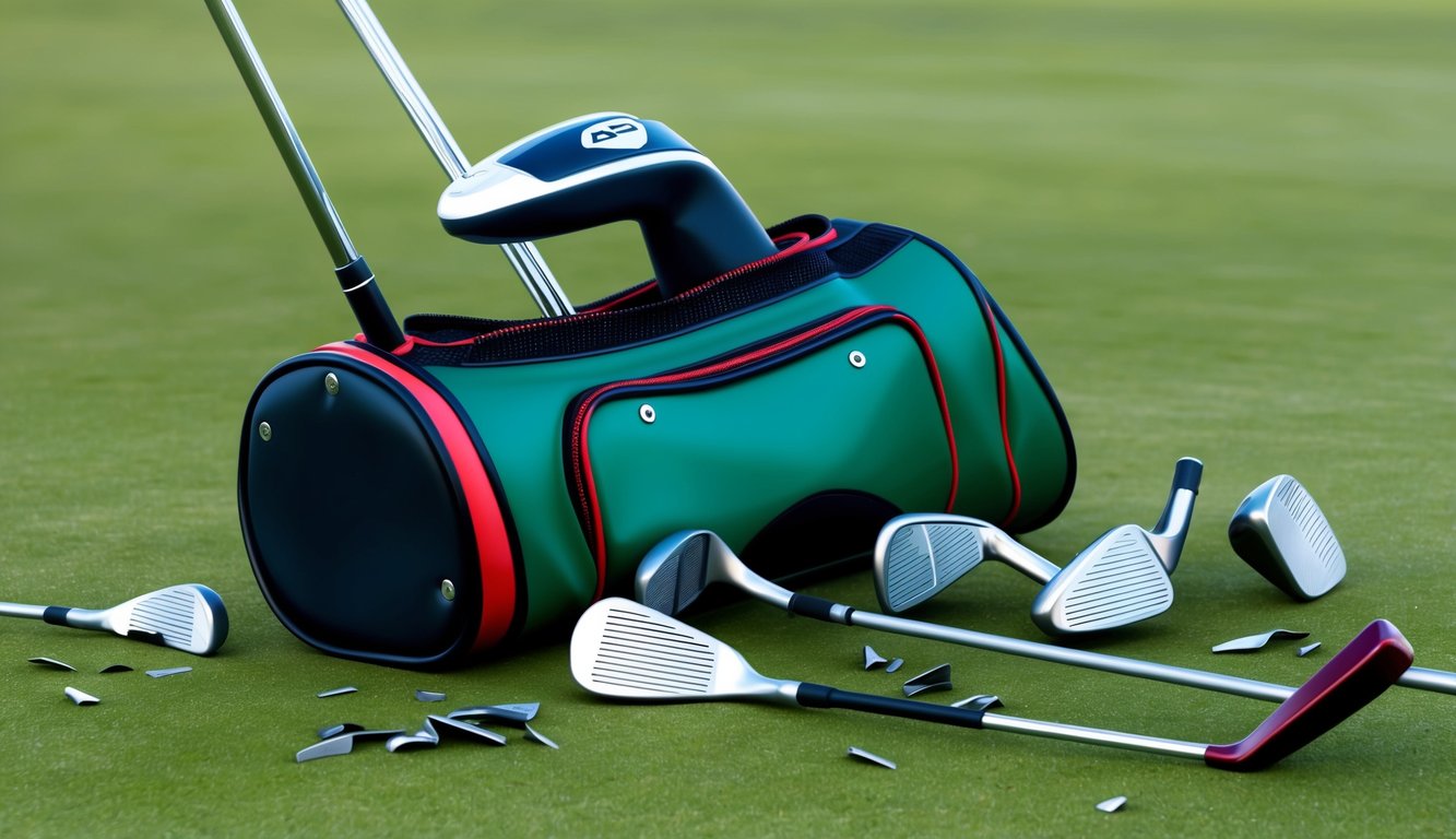 A golf bag with broken clubs scattered on the ground, including a driver, irons, and a putter