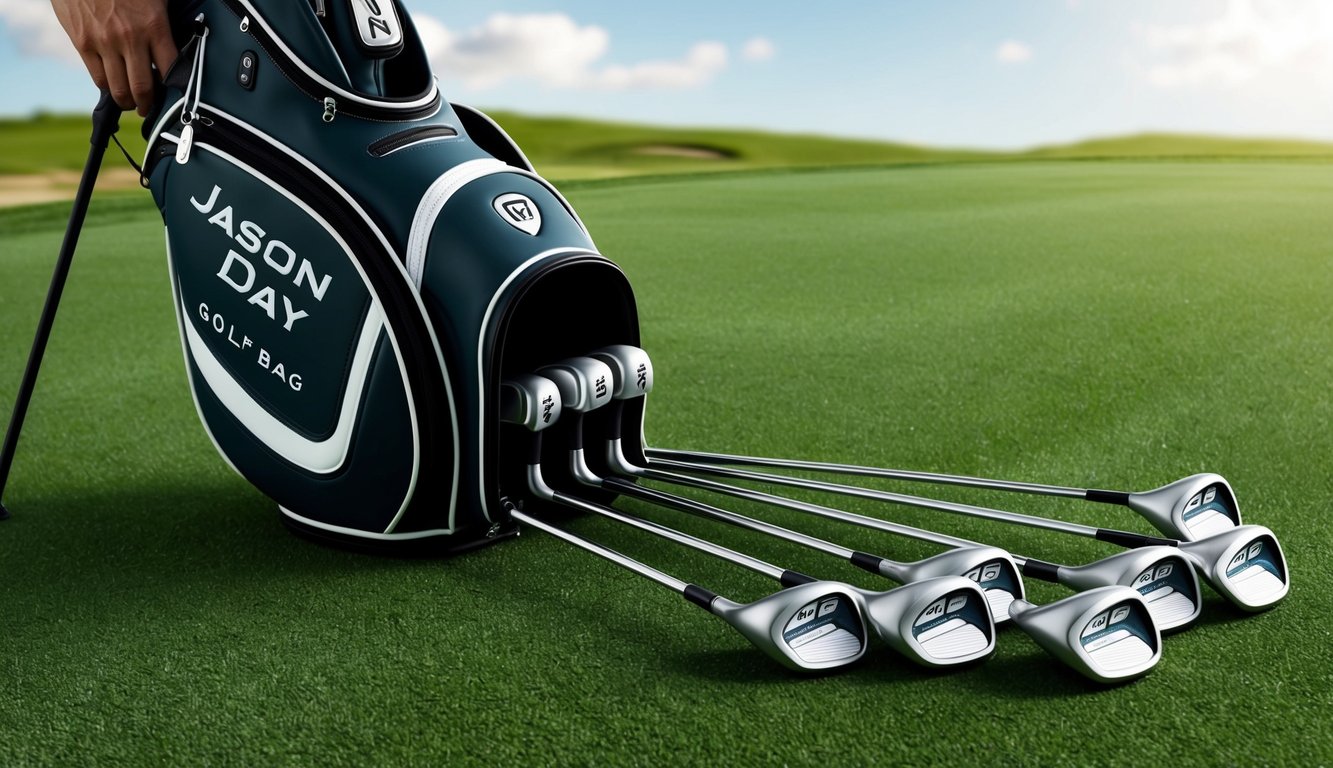 Jason Day's golf bag open, revealing a set of custom golf clubs arranged neatly on the grass