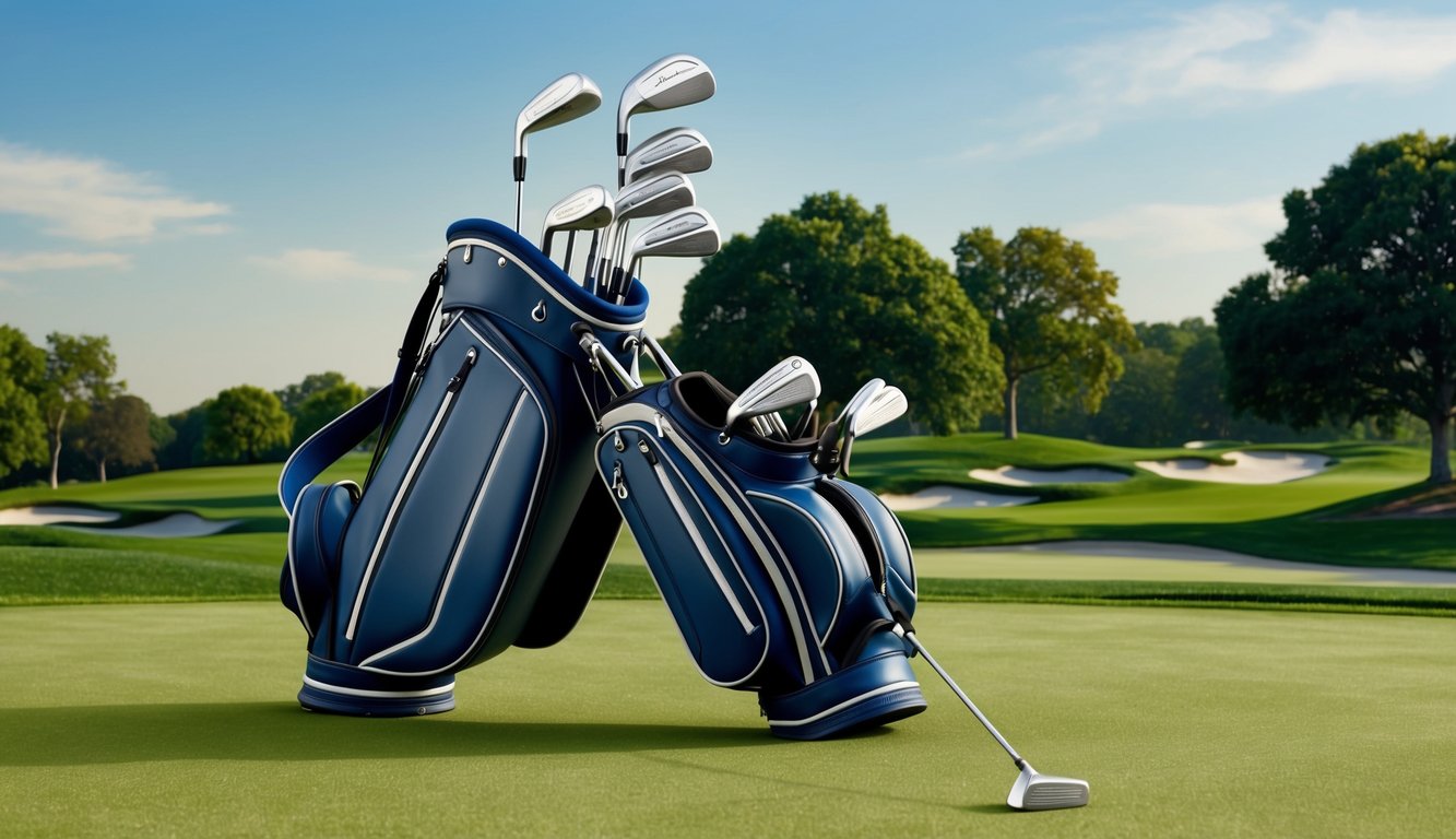 Jason Day's golf bag open, revealing a set of sleek, modern clubs neatly arranged and ready for use on a lush, well-manicured course