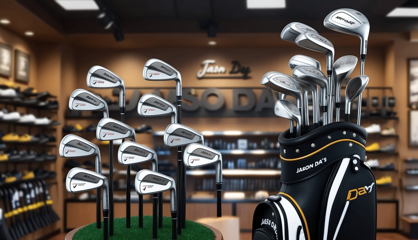 A display of Jason Day's golf clubs at a pro shop