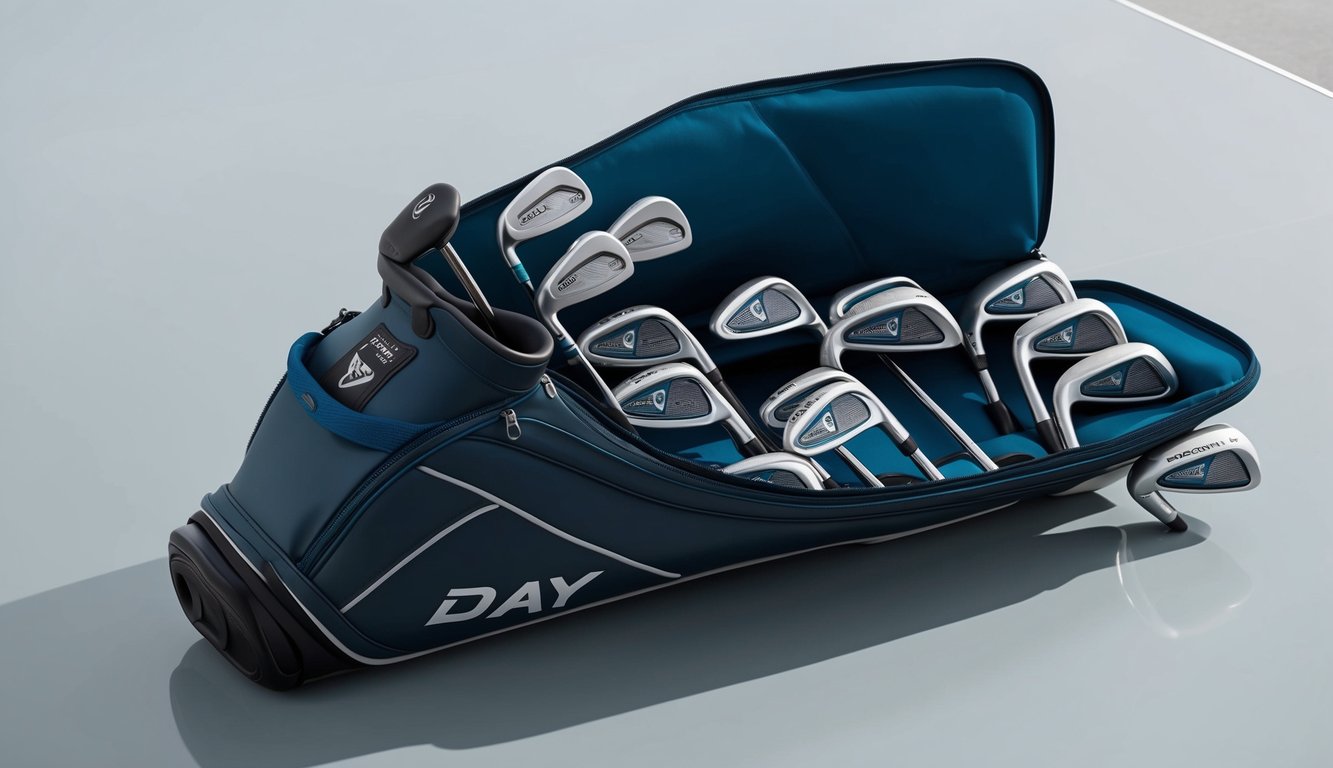 Jason Day's golf bag open on a clean, well-lit surface, showcasing a set of meticulously maintained golf clubs arranged in order of use