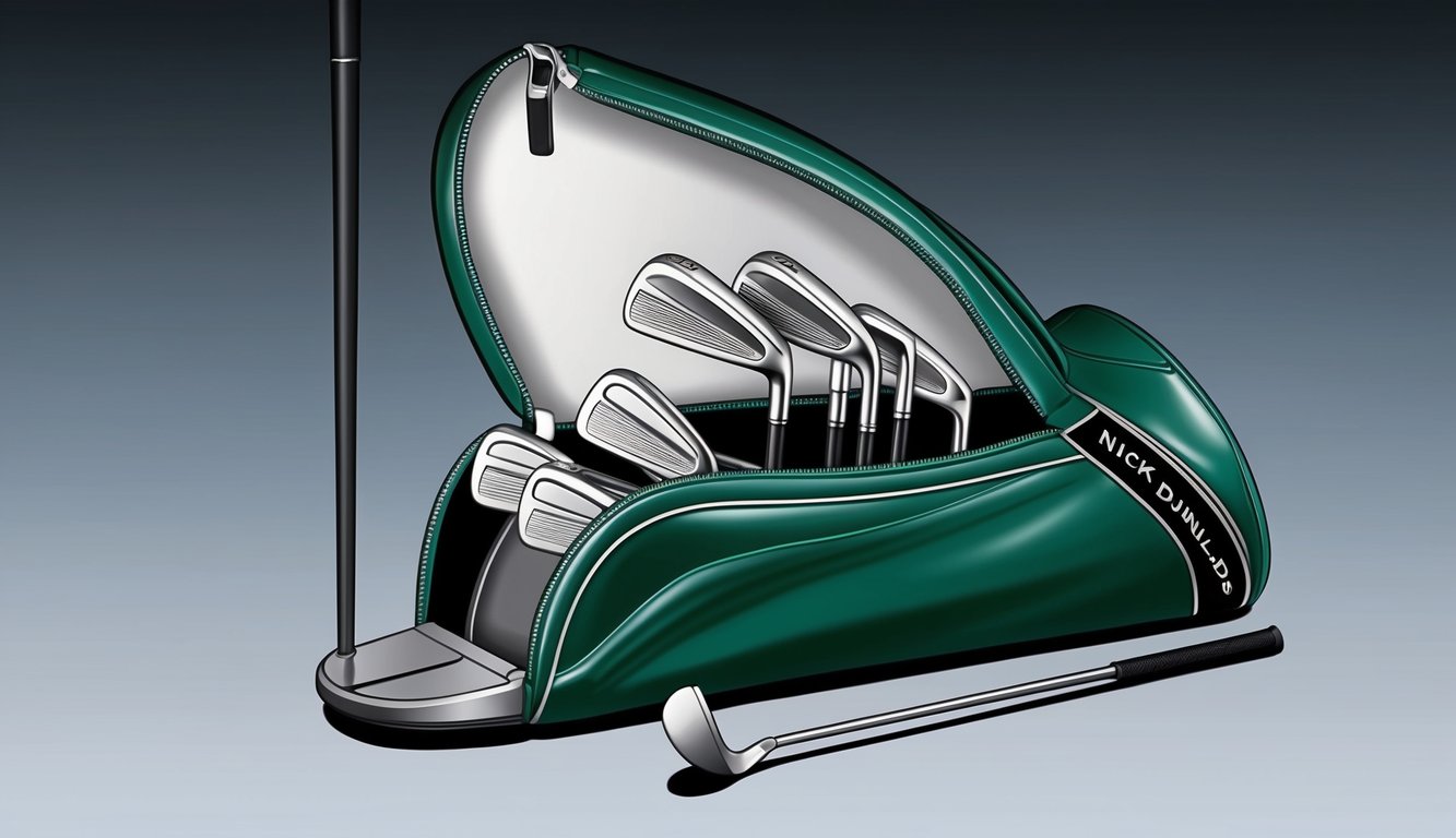 Nick Dunlap's golf bag sits open, revealing a set of shiny, well-maintained clubs. A driver, irons, wedges, and a putter are neatly arranged and ready for use