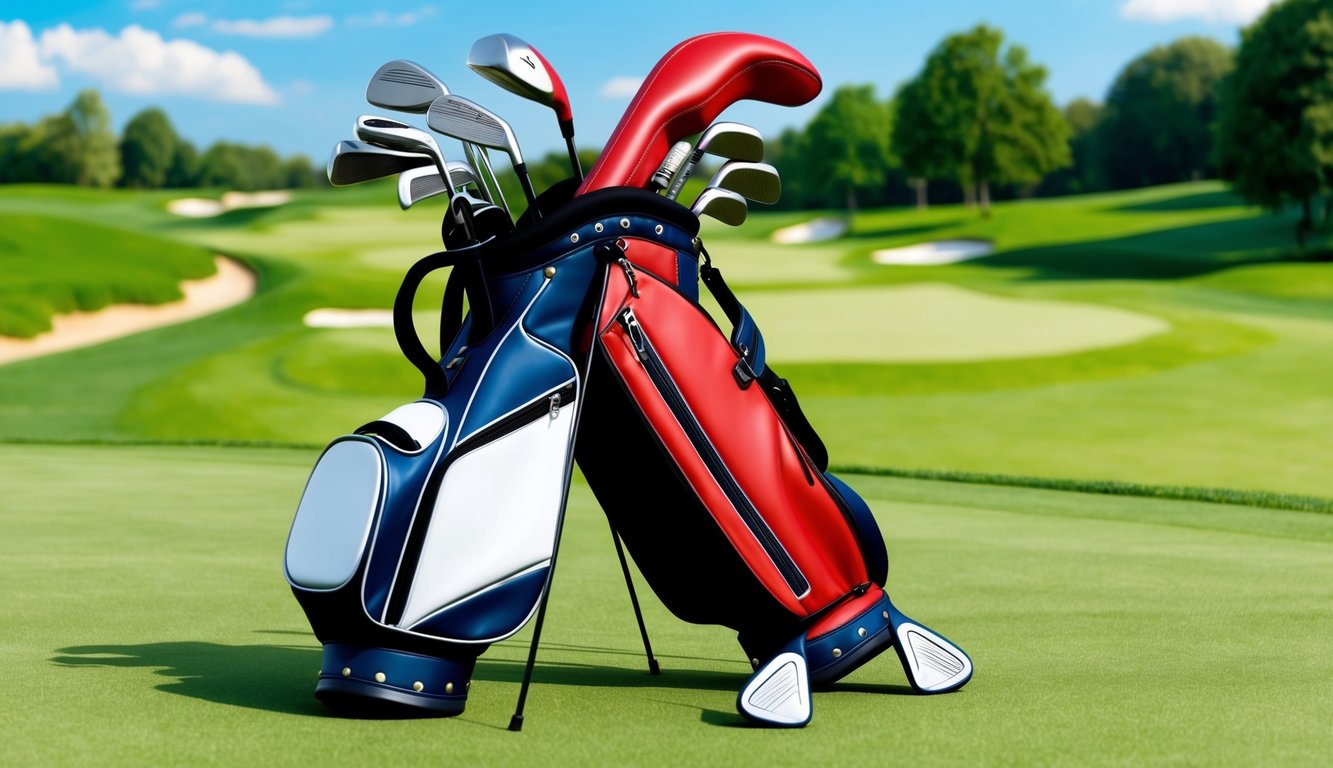 A golf bag with various clubs arranged neatly on a lush green course