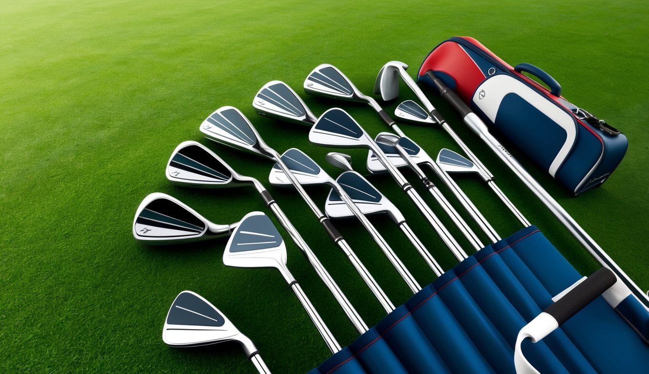 A set of golf clubs arranged neatly on a grassy green, with a bag and other accessories nearby