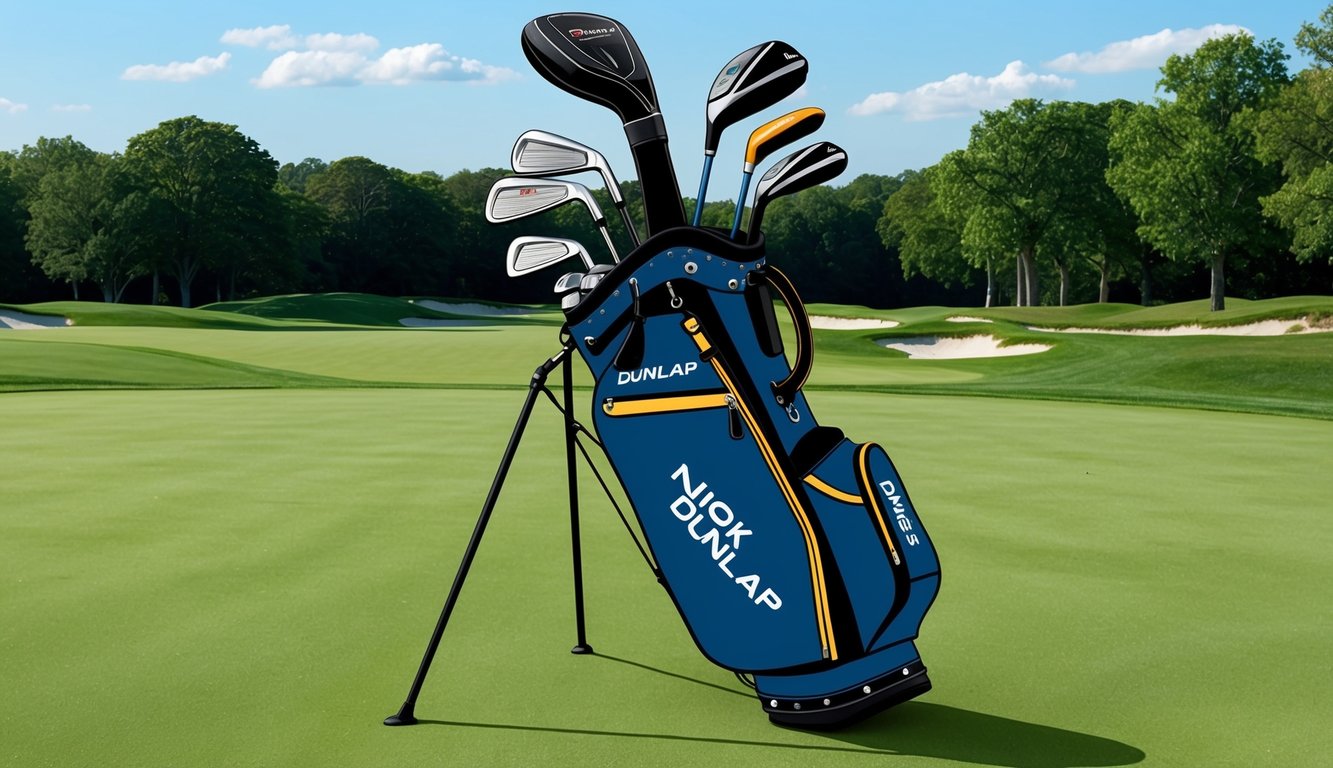 A golf bag filled with various clubs from Nick Dunlap's preferred brands and models, neatly arranged on a lush green fairway