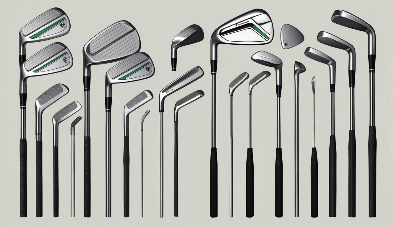 A set of golf clubs arranged in a specific configuration, with varying shaft lengths and grip styles