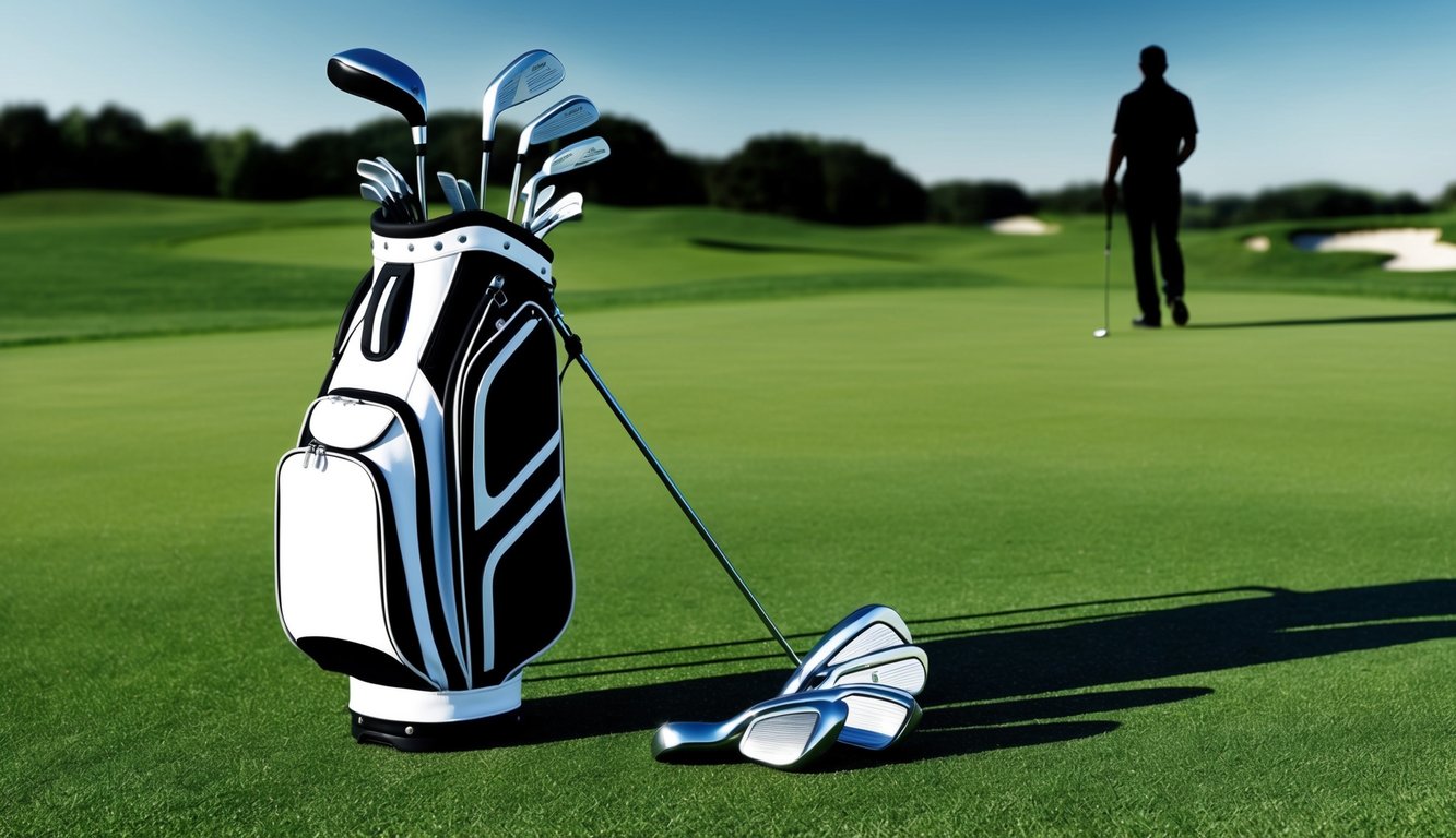 A golf bag with various clubs laid out on a lush green fairway, with a player's shadow in the background