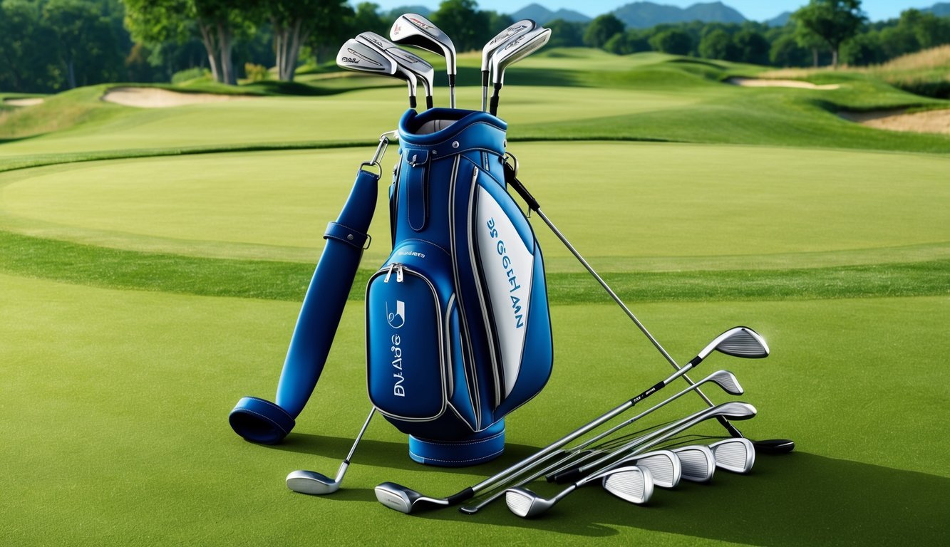 Byeong Hun An's golf bag with various clubs laid out on a grassy course