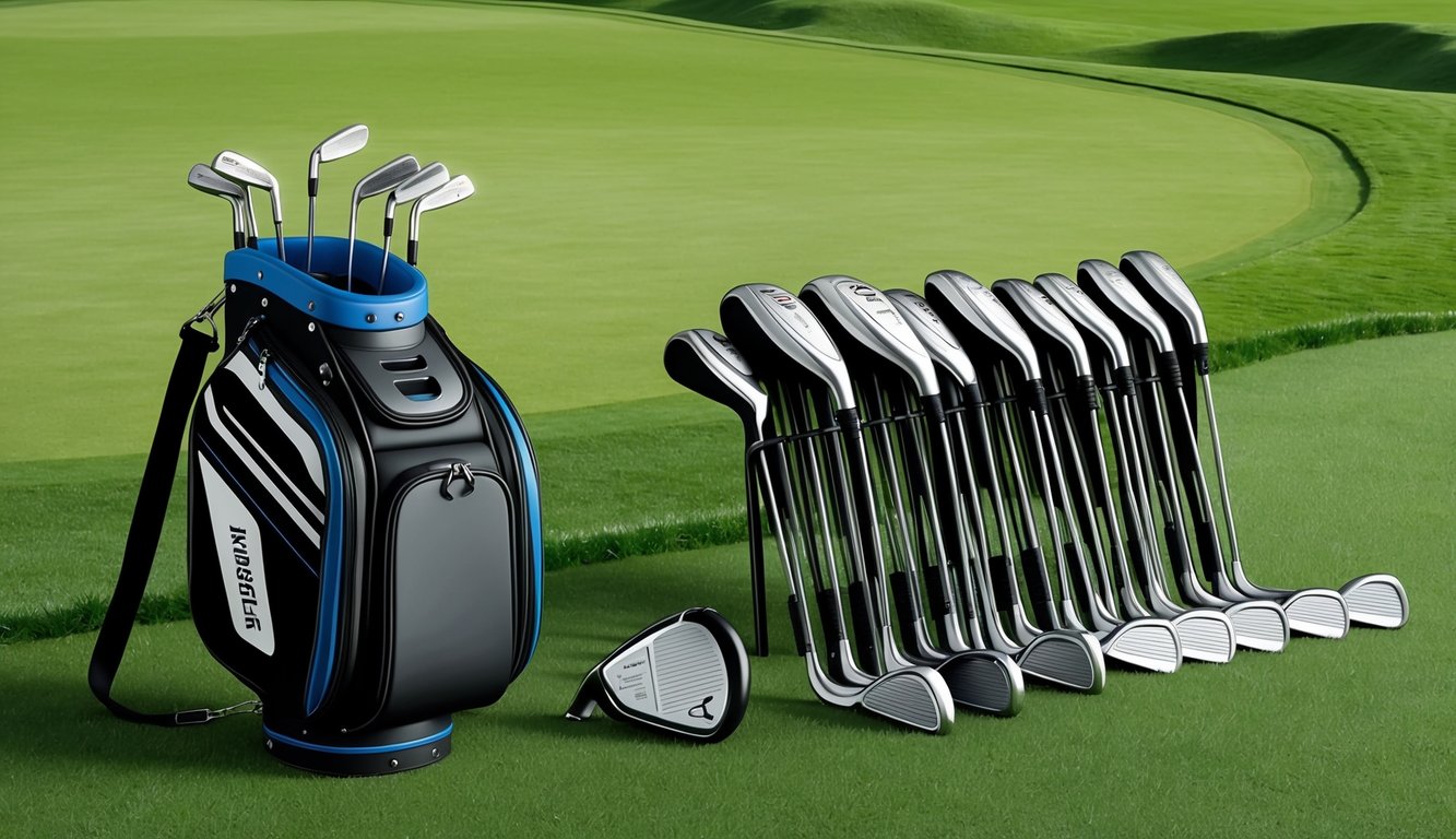 Byeong Hun An's golf clubs laid out neatly on a grassy course, with his bag and other equipment nearby