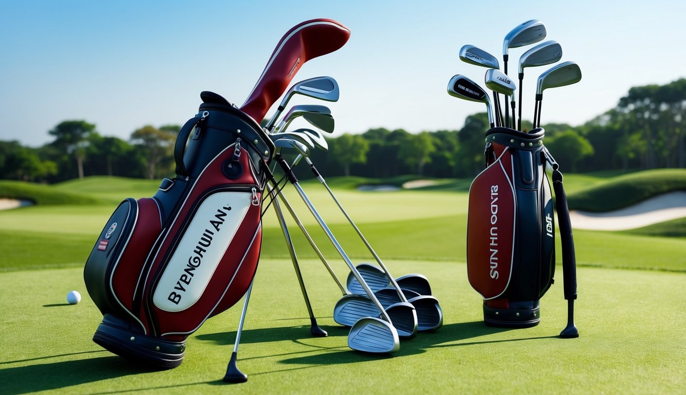 Byeong Hun An's golf bag with various clubs arranged neatly on a grassy course