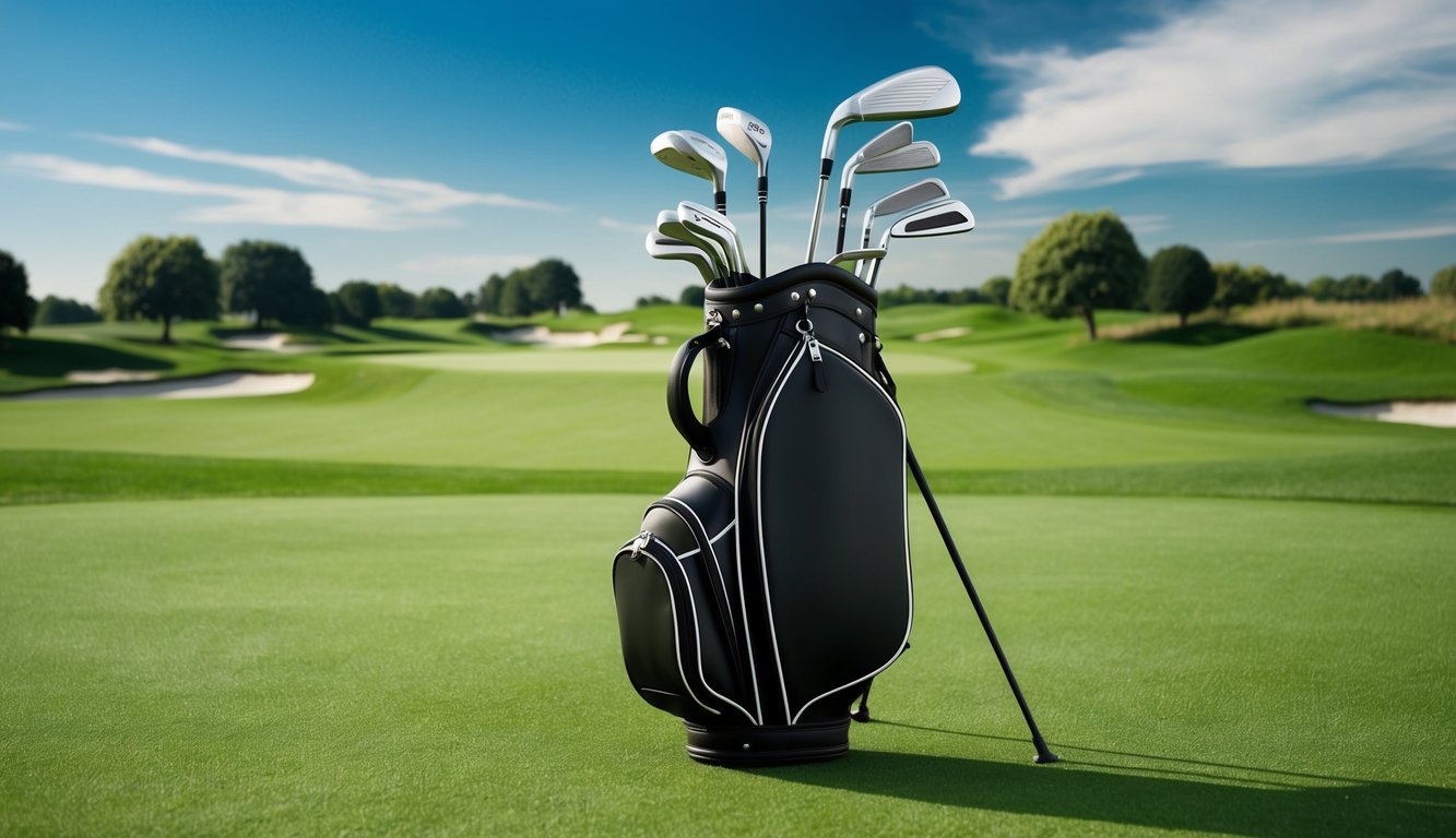 A golf bag with various clubs arranged neatly on a lush green fairway