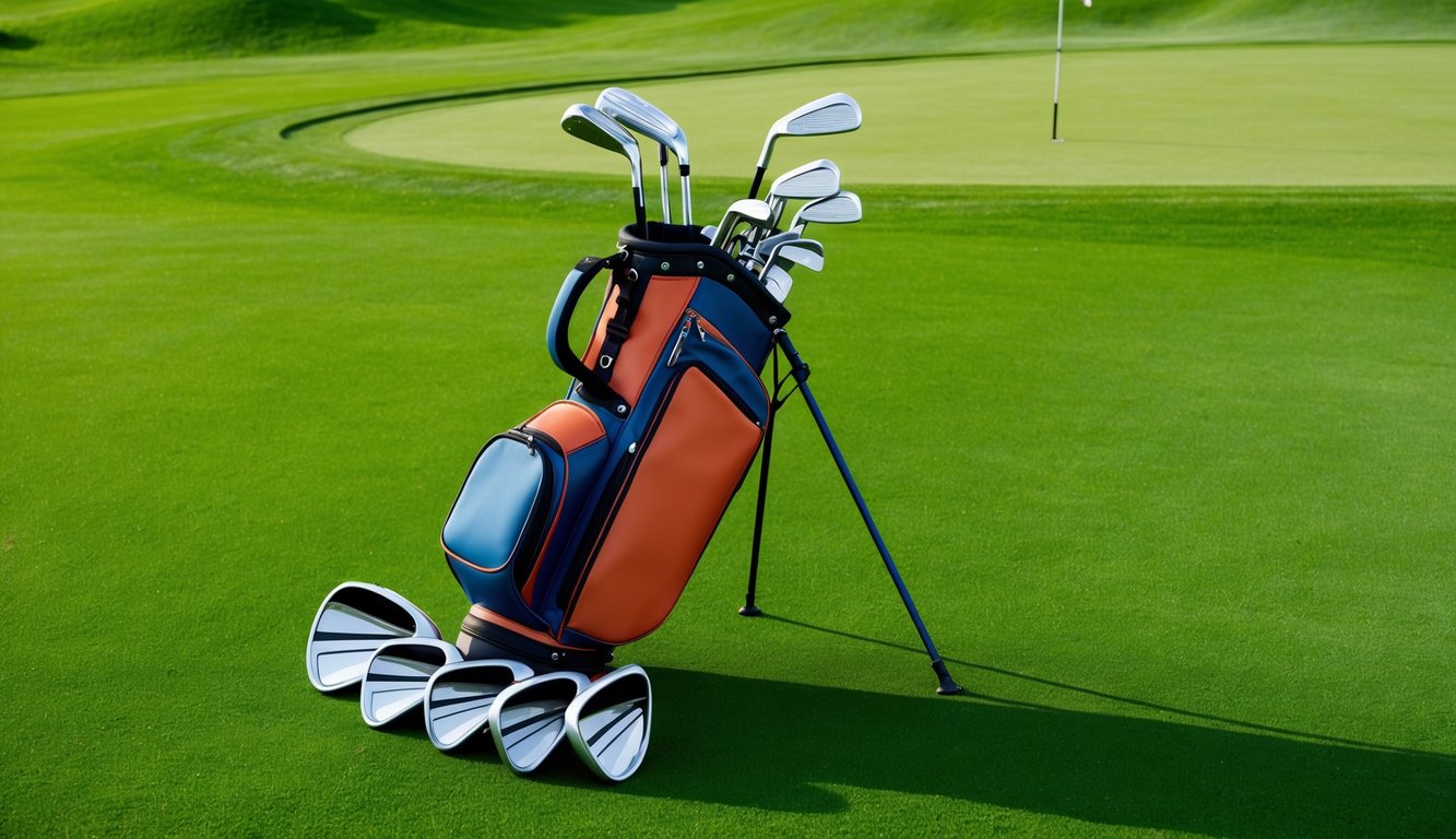 A golf bag with a variety of clubs arranged neatly on a lush green fairway