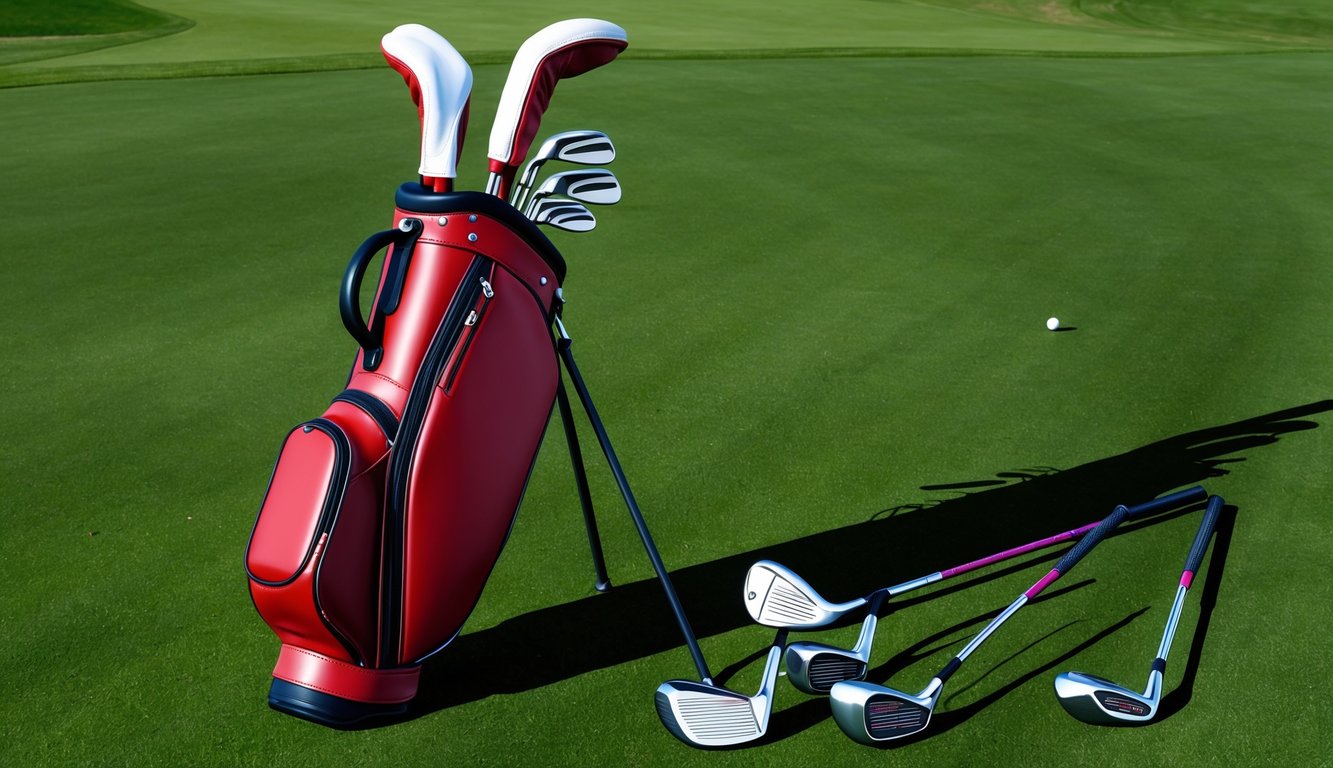 Justin Rose's golf bag with various clubs laid out on a grassy course