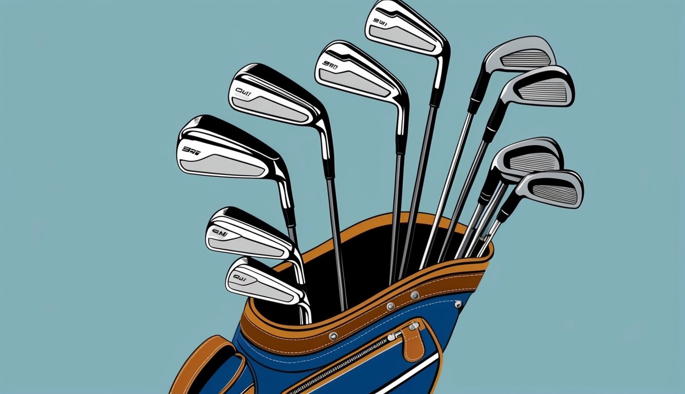 A golf bag with various irons and clubs arranged neatly inside, ready for use on the course