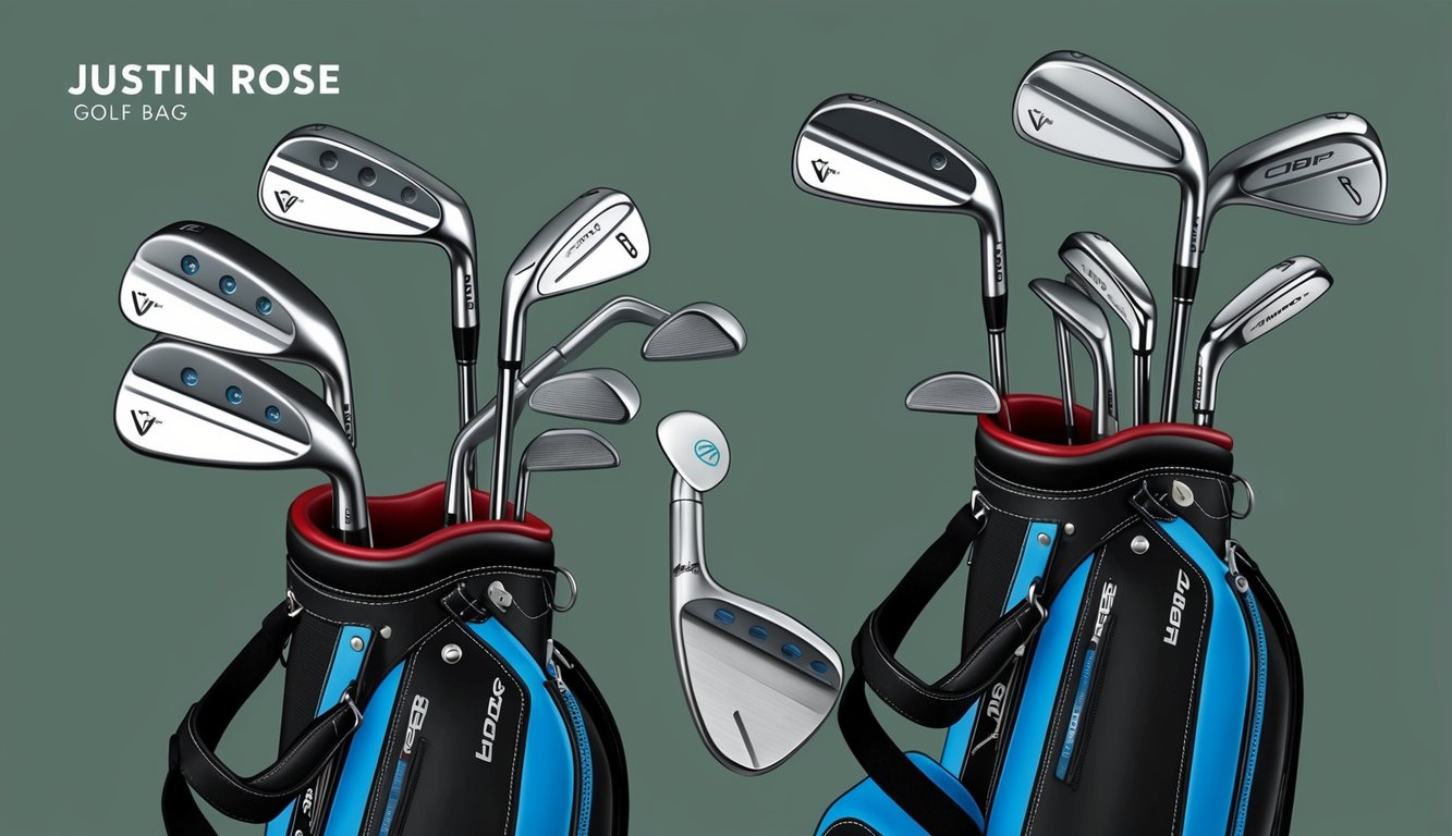 A golf bag open with various wedges laid out, including those used by Justin Rose