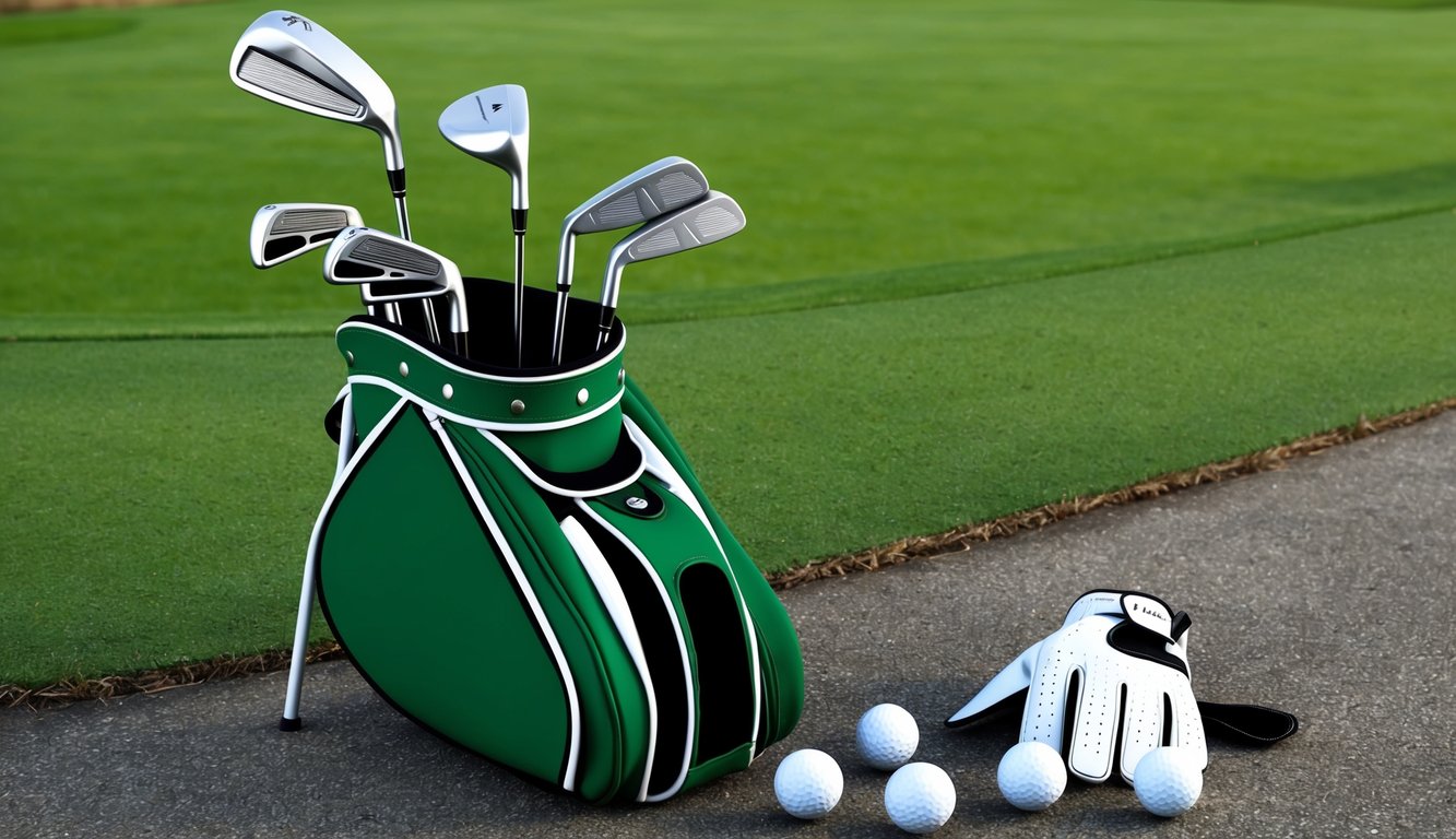 A golf bag filled with various clubs, a selection of golf balls, and a player's glove on the ground