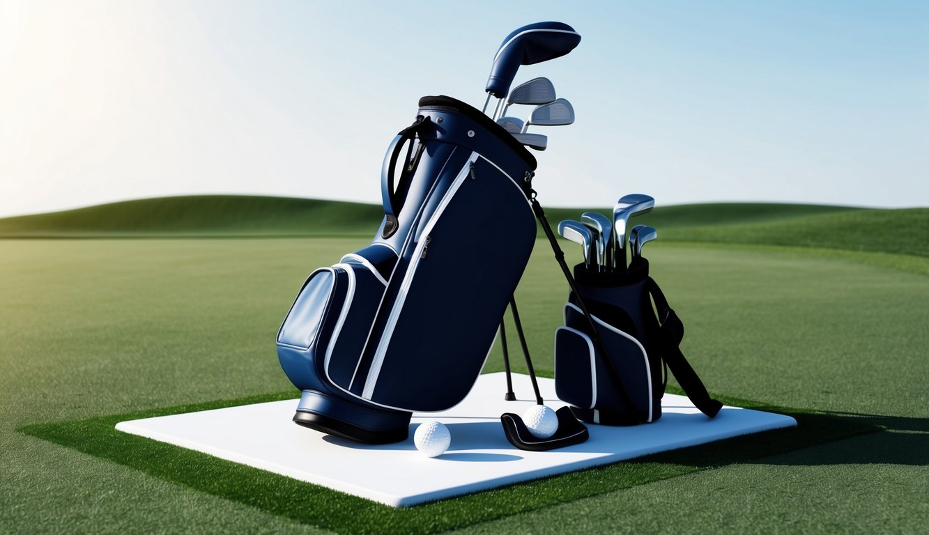 A golf bag with clubs and accessories arranged neatly on a grassy tee box