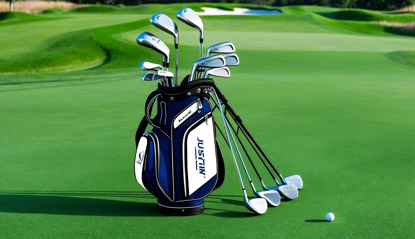 A golfer's bag with various golf clubs, including those used by Justin Rose, arranged neatly on a pristine green golf course