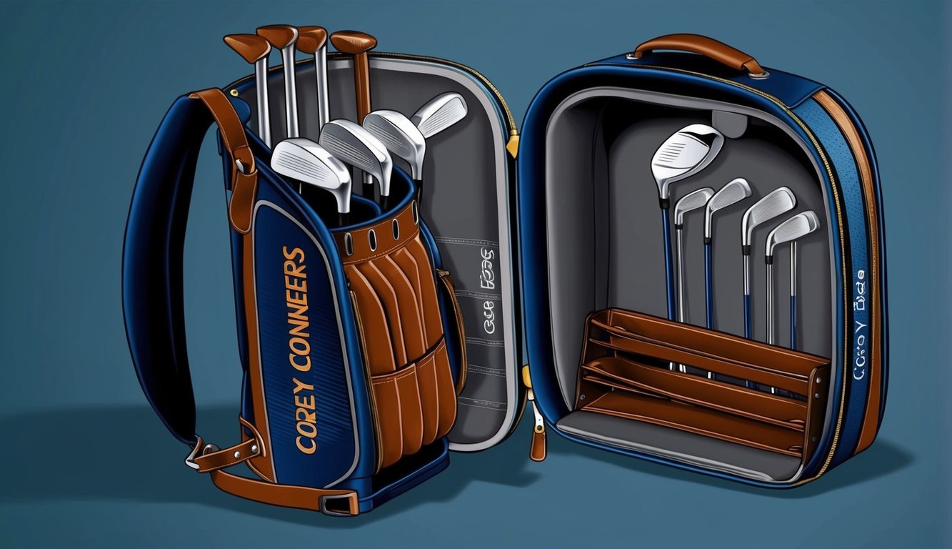 Corey Conners' golf bag open, revealing a set of clubs neatly arranged