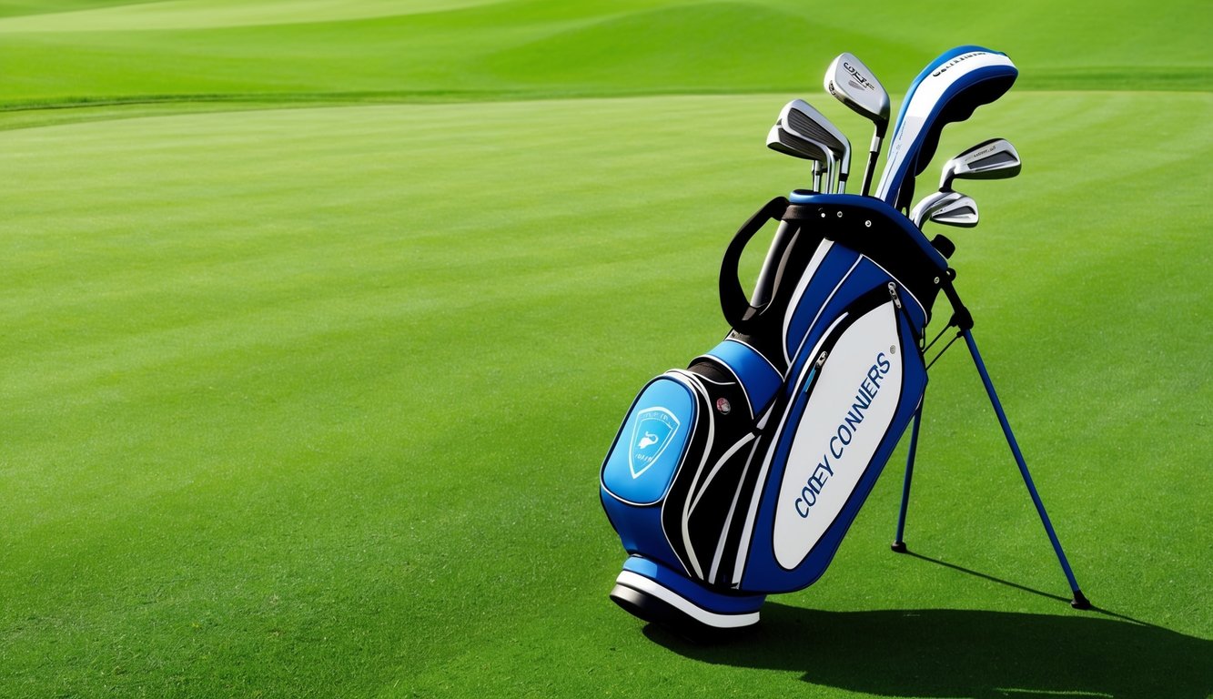 Corey Conners' golf bag with a mix of driver and woods laid out on a lush green fairway