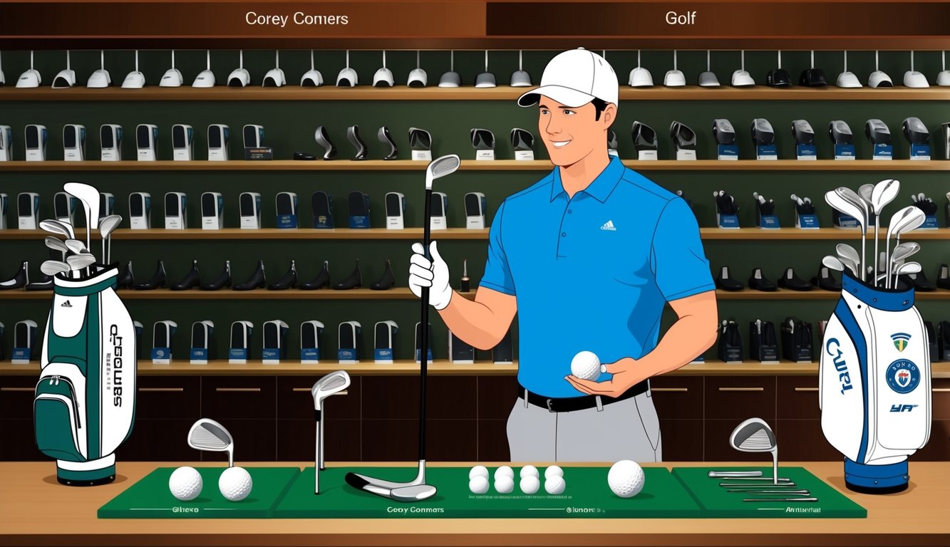 Corey Conners selects his golf clubs and a ball from a variety of options on a neatly organized display at the golf shop