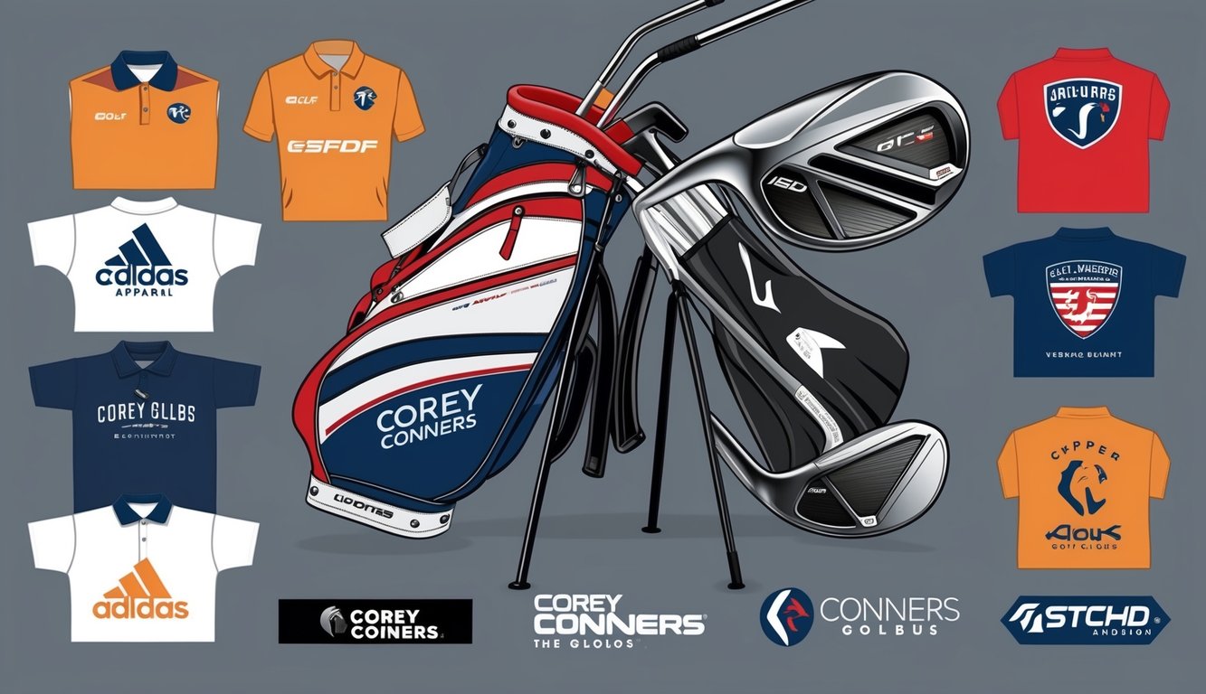 Corey Conners' golf clubs surrounded by various apparel and endorsement logos