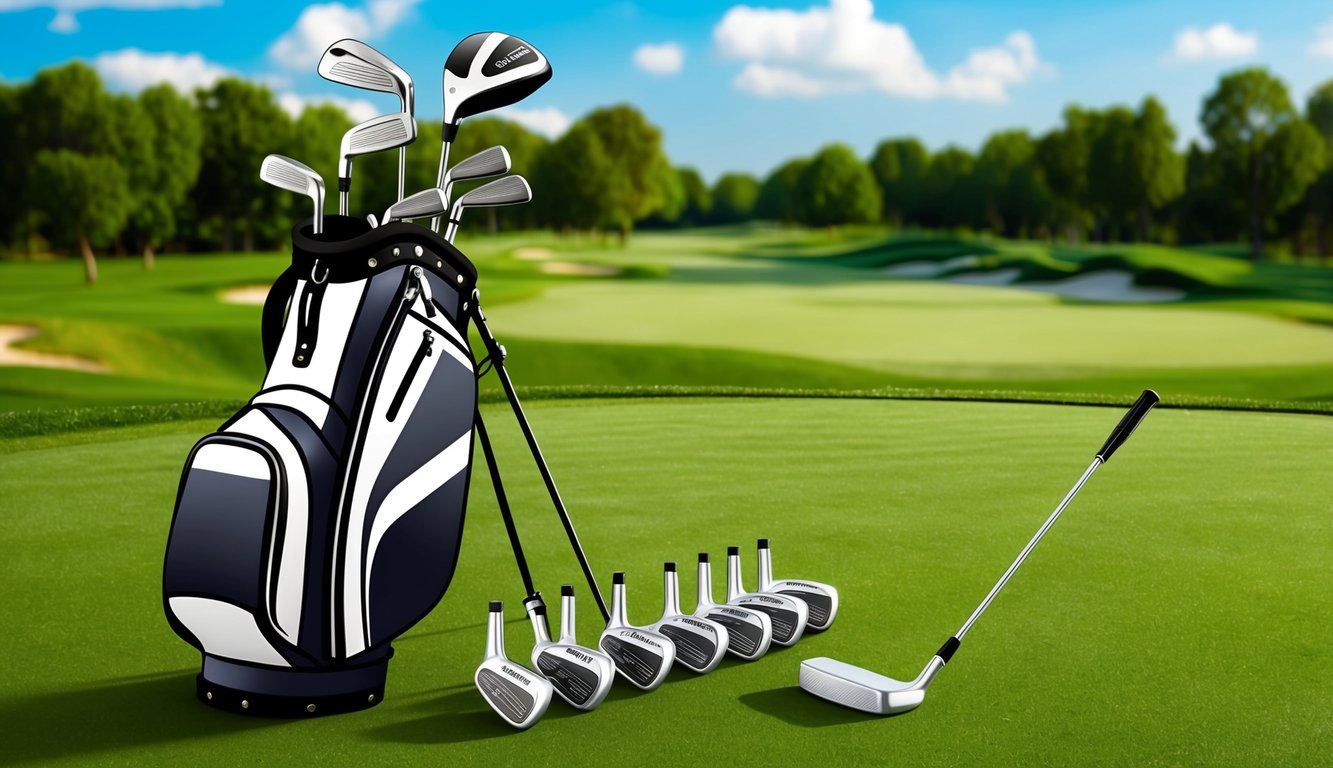 A golf bag with customized clubs, including a driver, irons, and putter, arranged neatly on a lush green golf course