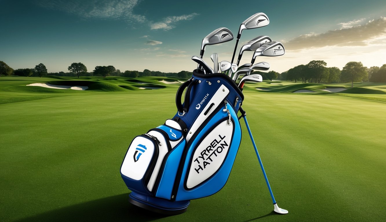 Tyrrell Hatton's golf bag with a set of clubs arranged neatly on a lush green fairway