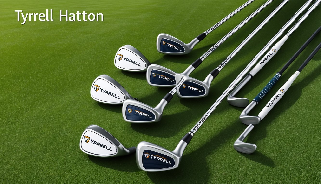 Tyrrell Hatton's golf clubs arranged on a pristine green fairway, with his name and logo prominently displayed on each club