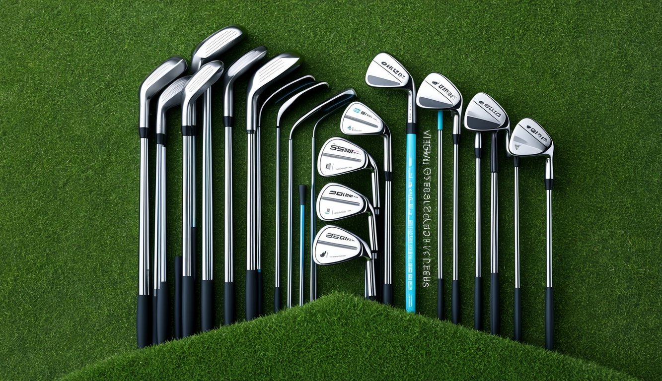 A set of golf clubs arranged neatly on a grassy surface, with each club labeled with its respective technical specifications