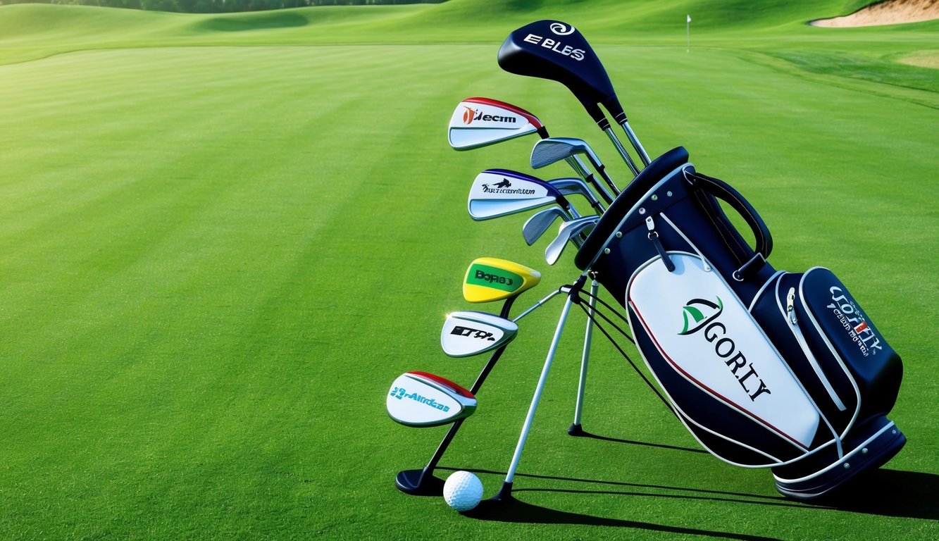 A golf bag with various clubs, each displaying different sponsor logos, lies on a pristine green fairway