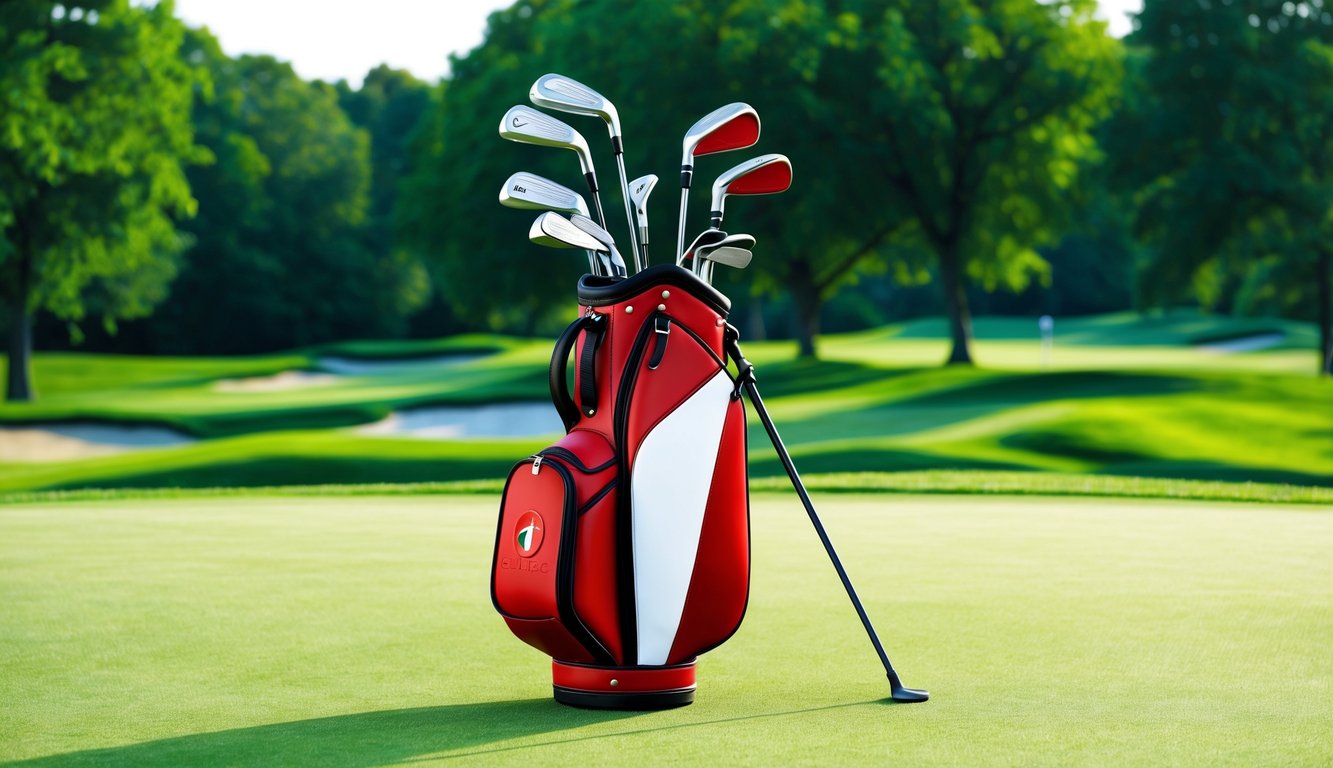 A golf bag with various clubs arranged neatly on a lush green golf course