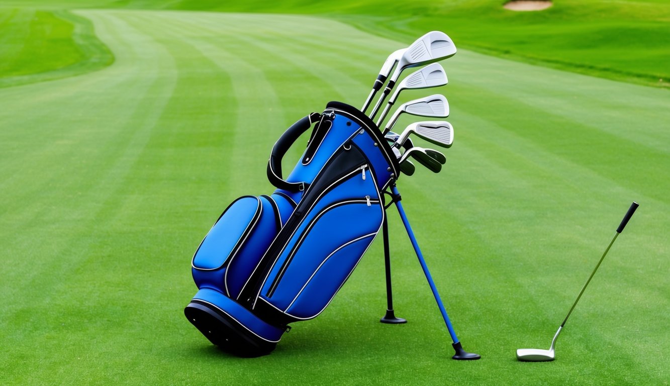 A golf bag filled with various clubs, including a driver, irons, wedges, and a putter, arranged neatly on a lush green fairway