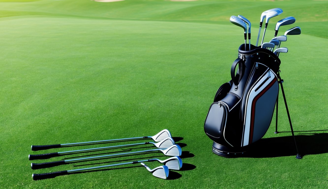 A golf bag with various clubs arranged neatly on a green grassy field