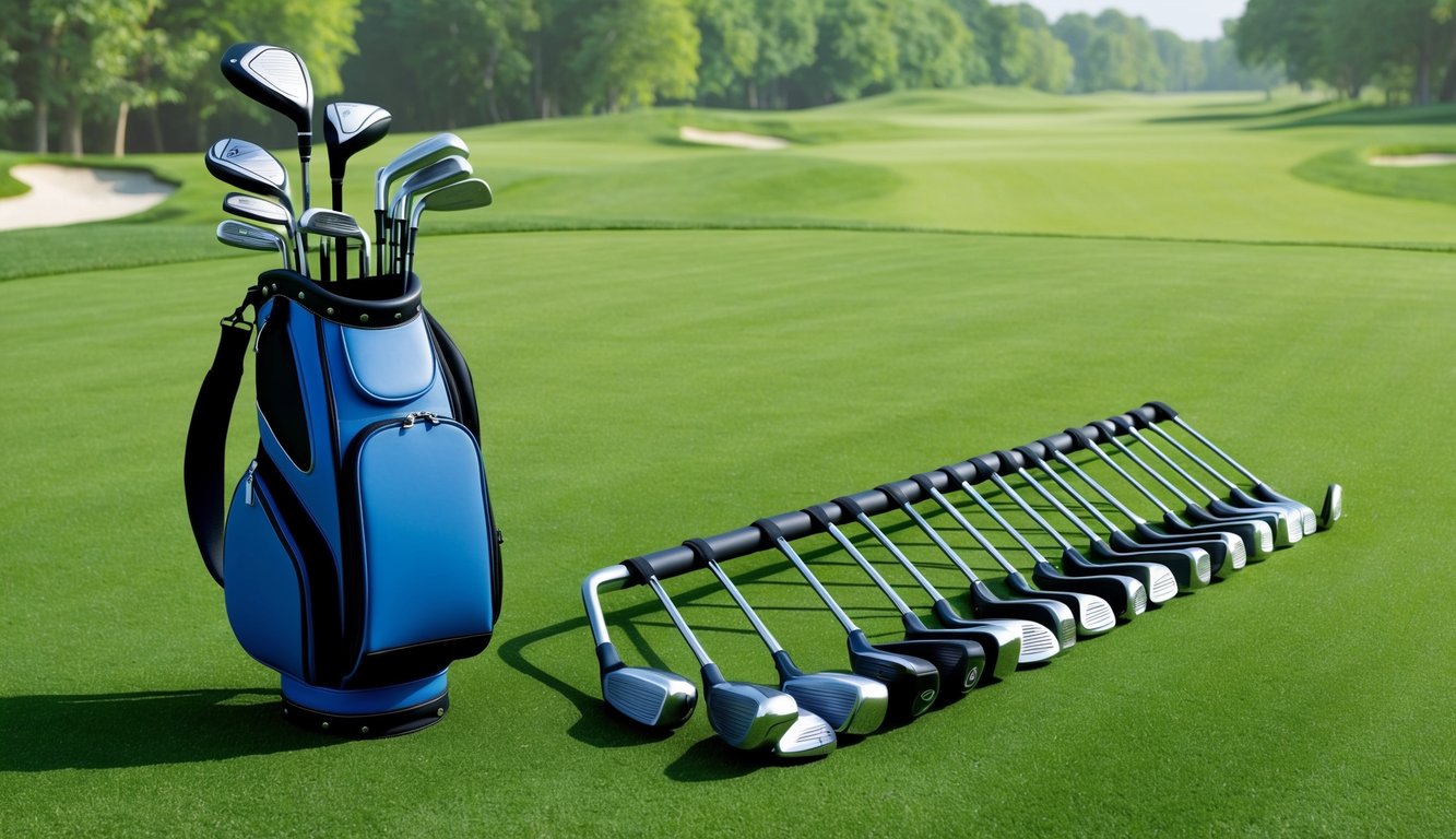 A golf bag with various clubs arranged neatly on a lush green fairway