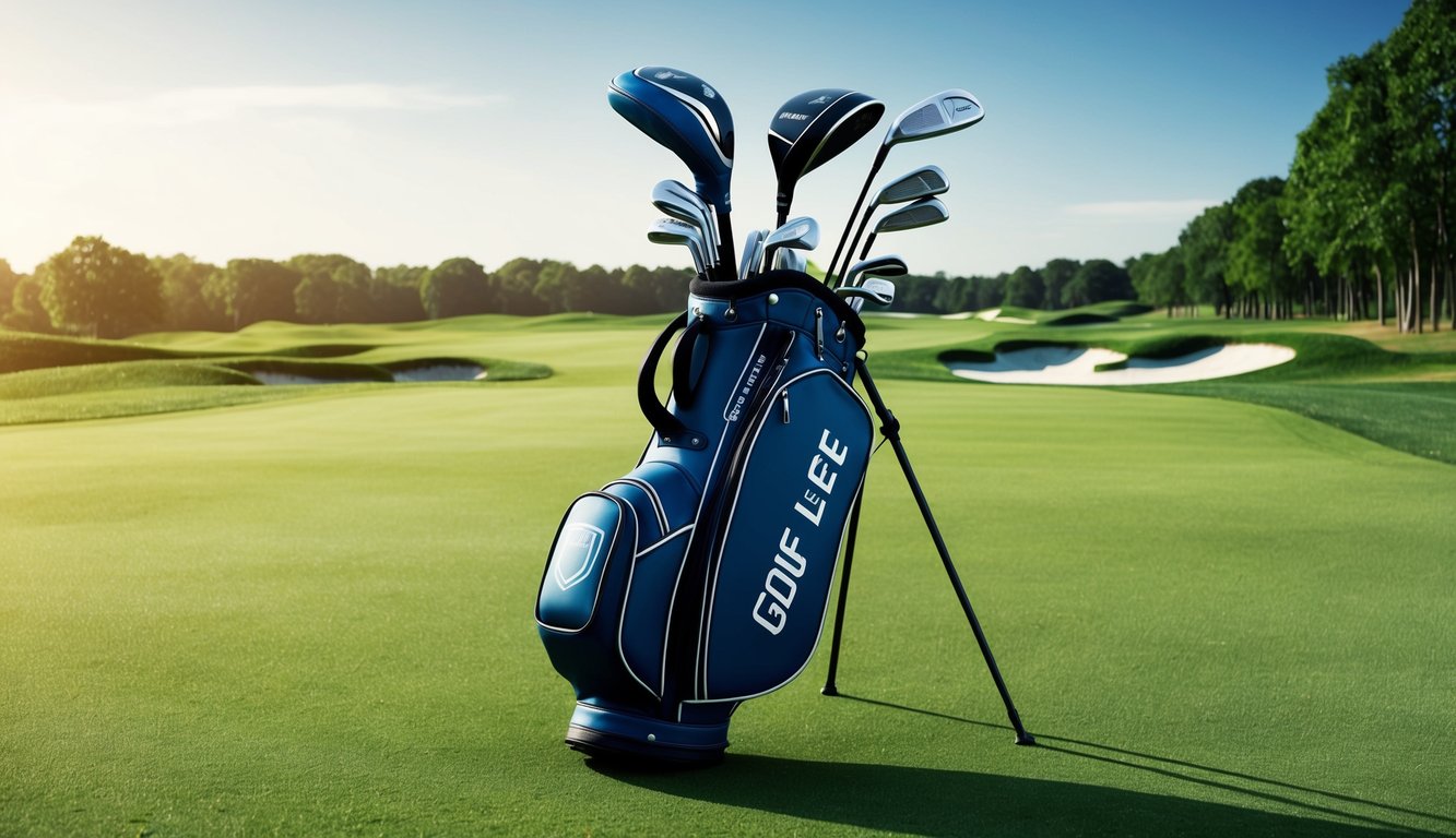 A golf bag with Min Woo Lee's clubs, including Driver and Woods, laid out on a lush green fairway