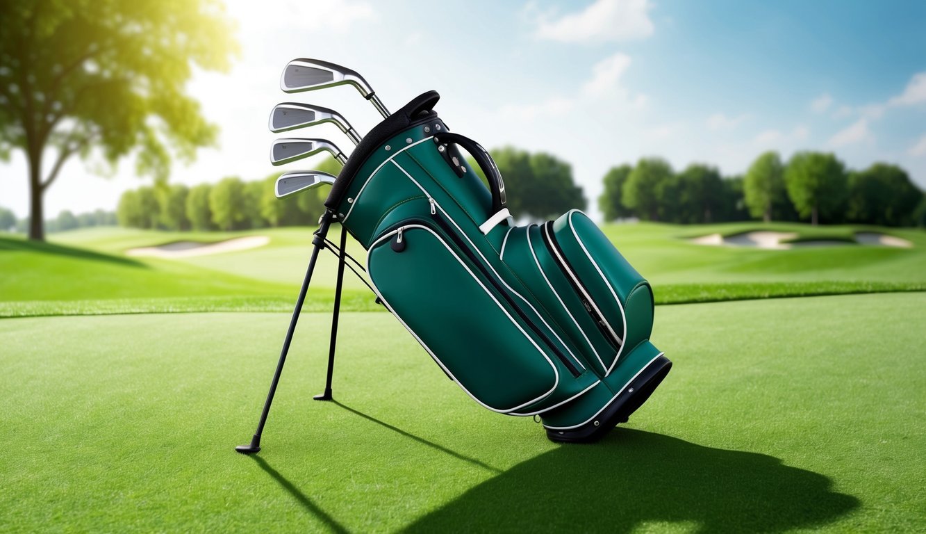 A golf bag stands open on a lush green fairway, revealing a set of irons and wedges neatly arranged and ready for use