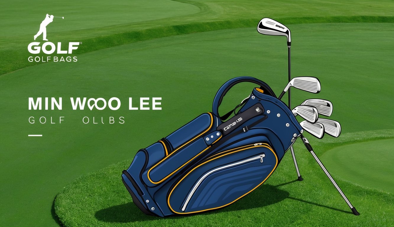 Min Woo Lee's golf bag with various clubs laid out on a grassy tee box