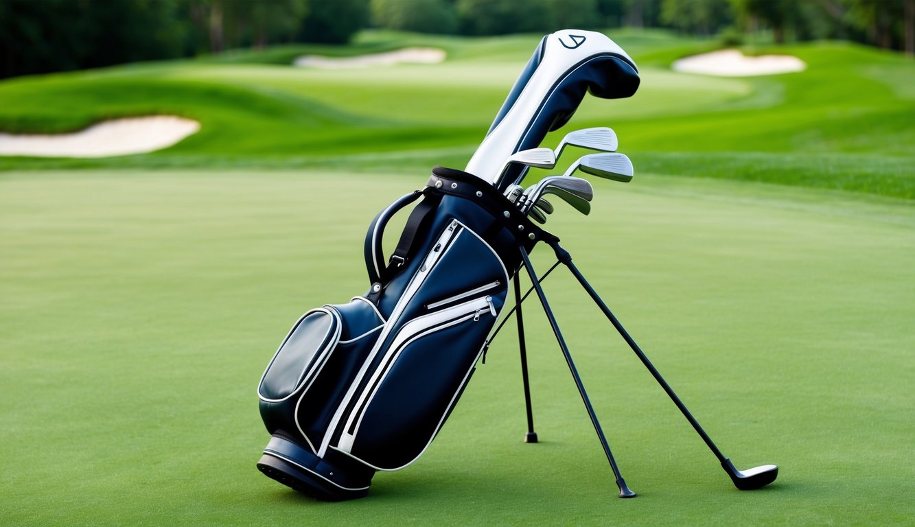 A golf bag with various clubs, including a putter, laid out on a lush green golf course