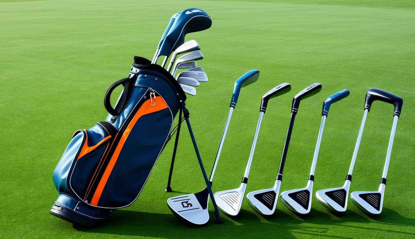 A golf bag with various clubs, including drivers, irons, and putters, arranged neatly on a green grassy field